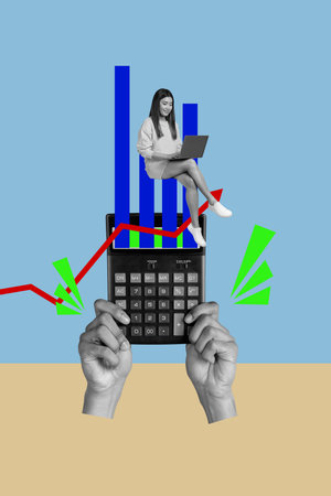 Sketch image 3d banner collage of happy businesswoman businessman stand chart arrow development hands hold calculator money incomeの写真素材