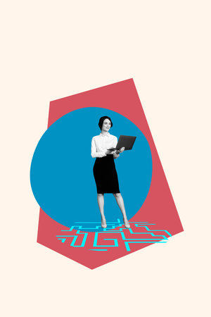 Collage of cheerful person jumping with joy after solving business labyrinth problem on abstract backgroundの写真素材