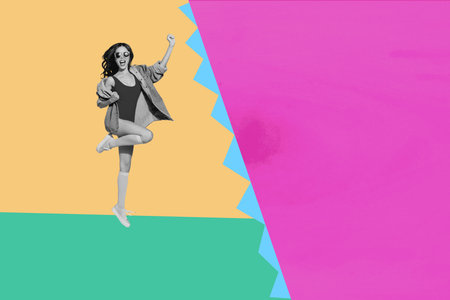 Banner image poster art collage of happy girl guy dance weekend party chill entertainment success occasion celebrate holidayの写真素材