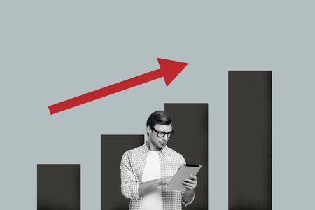 Banner pop 3d zine full collage of happy businessman businesswoman stand arrow development career chance promotion employee chartの写真素材