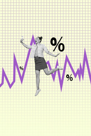 Vertical 3d art pop image collage of happy businesswoman businessman stand graph development economy percentage progressの写真素材