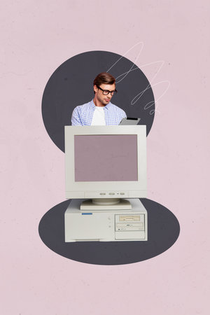 Vertical 3d poster art pop collage of happy businesswoman businessman stand pc monitor desktop mouse tool freelancer occupationの写真素材