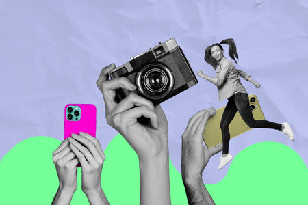 Banner 3d image pop full collage of happy girl guy sit hands hold retro camera shooting modern smartphone paparazzi captureの写真素材