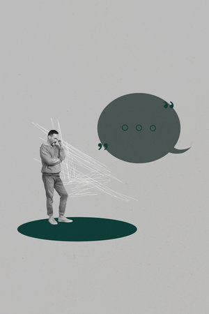 Vertical image photo collage of happy girl guy stand bubble communication chatterbox speech dialogue conversation icon chatの写真素材