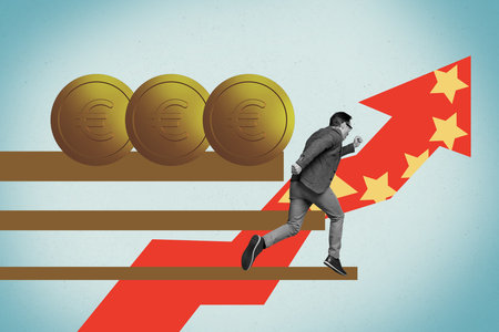 Sketch image trend artwork montage 3D photo collage of trade war economy arrow up crisis inflation arrow growth euro coins young man runの写真素材
