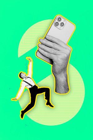 Composite sketch image design artwork collage of psychedelic huge hand hold smartphone sticker young gentleman jump levitate copyspaceの写真素材