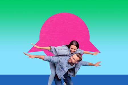 Full image 3d poster art collage of happy girl guy stand bubble communication chatterbox speech icon dialogue conversationの写真素材