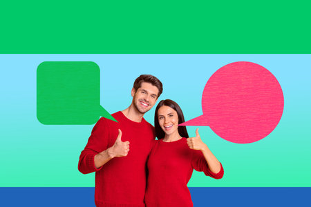 Full image 3d poster art collage of happy girl guy stand bubble communication chatterbox speech icon...