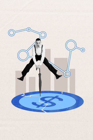 Zine banner vertical photo collage of shocked businessman jump umbrella crack dollar coin transaction capital money jackpotの写真素材