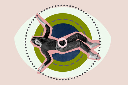 Collage of stressed person under large symbolic eye representing surveillance spying fear control tensionの写真素材