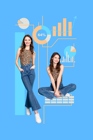 Exclusive pop artwork creative collage of happy businessman businesswoman partners stand diagram chart progress interfaceの写真素材