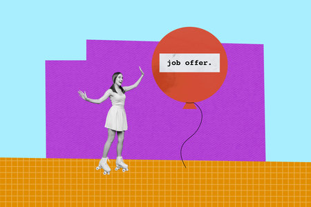 Sketch image sketch 3d collage poster of happy employee girl guy stand vacancy hiring search employment business human resources cvの写真素材