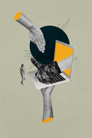 Vertical 3d art pop image collage of hands hold laptop device businessman businesswoman freelancer development career goalの写真素材