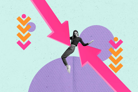 Collage of successful person near large rising arrow or stats symbolizing financial growth business progress motivationの写真素材