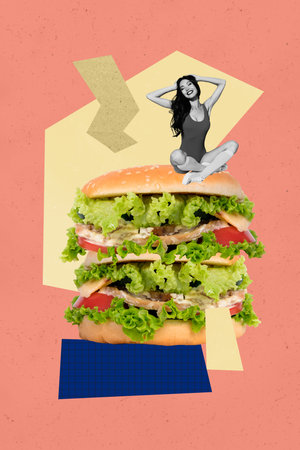 Art image trendy magazine photo collage of happy girl guy stand american hamburger fast food nutrition carbs junk cafe deliveryの写真素材
