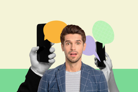 Full 3d poster art collage of happy girl guy stand bubble hands hold phone communication chatterbox...