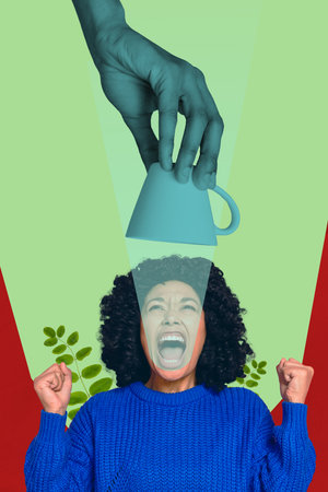 Poster image vertical photo collage of happy girl guy stand coffee cup drink herbal tea beverage early morning bliss cappuccinoの写真素材