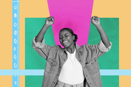 Banner image poster art collage of happy girl guy dance weekend party chill entertainment success occasion celebrate holidayの写真素材