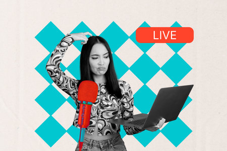 Full 3d zine pop trend collage of happy girl journalist hold microphone laptop live stream podcast karaoke music singer reportageの写真素材