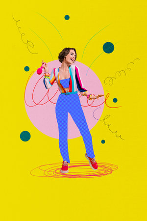Trend artwork sketch design montage 3D collage of young lady smile retro style dance hand hold headphones weekend clubber event carefreeの写真素材
