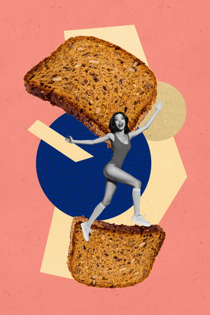 Banner photo collage trend sketch template of happy girl guy dance big size bread piece nutrition...