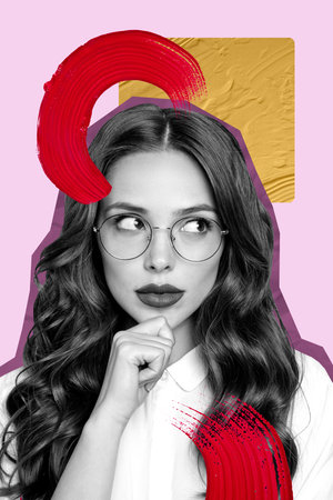 Composite sketch design artwork 3D photo collage of young woman attractive portrait model posing hand hold chin paint brash red colorの写真素材