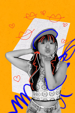 Trend artwork sketch montage 3D collage of line hairdo young lady air kiss hand gesture portrait hallucinations imagination paper fashionの写真素材