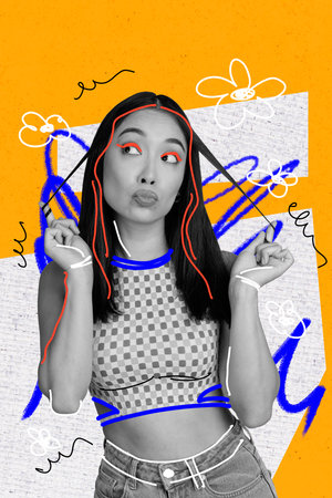 Composite sketch design artwork 3D collage of attractive young lady hand hold hair flower illustration imagination contemporary portraitの写真素材