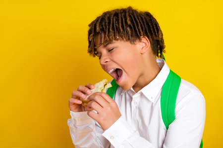 Charming schoolboy enjoying a sandwich on a bright yellow background, wearing a green backpack and a white shirtの写真素材