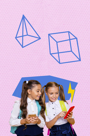 Sketch contemporary art photo collage of two happy classmates girl hold phone lightning elearn education wear uniform backpackの写真素材
