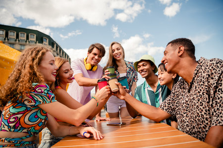 Cheerful friends enjoying a casual moment outdoors, celebrating with beverages and bonding under...