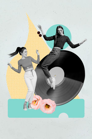Collage of cheerful people dancing near obsolete retro vinyl expressing retro disco party vintage celebration vibeの写真素材