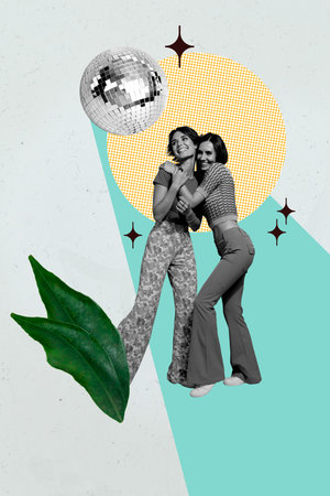 Collage of cheerful people dancing near obsolete retro vinyl expressing retro disco party vintage celebration vibeの写真素材