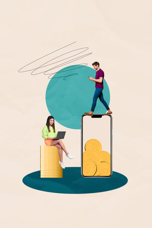 3d vertical art collage of happy businessman businesswoman stand phone dollar coin currency capital jackpot millionaire successの写真素材