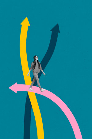 Creative 3D photo collage of arrow point show different direction young lady walk target purpose up...