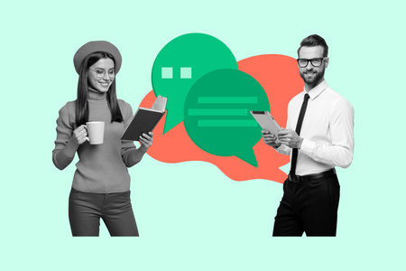 Collage of young people surrounded by digital chat windows symbolizing online communication social media virtual chattingの写真素材