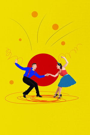 Template sketch image composite artwork collage of young lady man dance party entertainment carefree night clubber rhythm passion beautyの写真素材