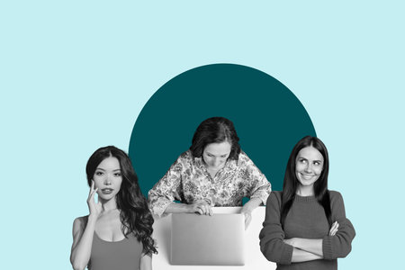 Trendy art creative full pop photo collage of happy business partners stand together office workplace development aim achievementの写真素材