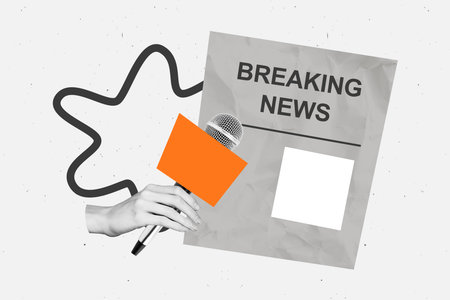 Sketch image trend artwork 3D photo collage of misleading information news media disinformation hand hold mic tool breaking news newspaperの写真素材