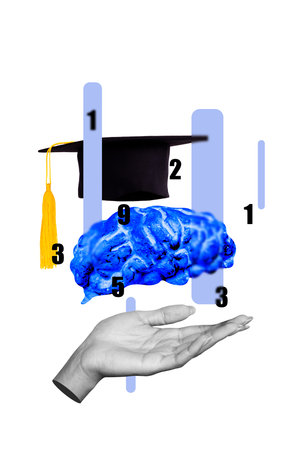 Vertical pop poster banner collage of human hand hold bachelor hat master degree graduation cyber courses numbers count arithmeticの写真素材