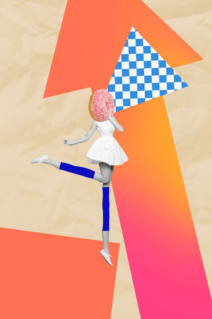 3D collage poster template trend artwork sketch of psychedelic picture woman body funny legs jump hand hold donut cover head arrow upの写真素材