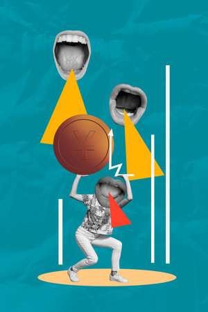 Trend artwork collage template composite sketch of mouth head woman body walk hand hold yuan coin cash finance savings currency wealthの写真素材