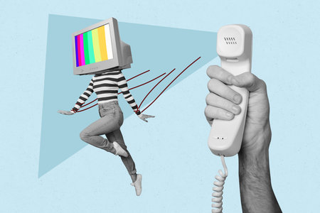 Creative design artwork collage of remote virtual device computer online monitor head woma body jump...