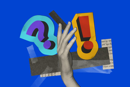 Trend artwork sketch design montage 3D collage of one hand gesture up silhouette sticker question...