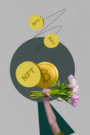 Vertical pop sketch 3d collage of business hand hold dollar coin money transaction cooperation bitcoin profit finance cryptoの写真素材