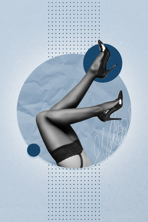 Trend artwork composite banner 3D photo collage of female body fragment legs underwear pants nylon posing shoes high heels stiletto sexyの写真素材