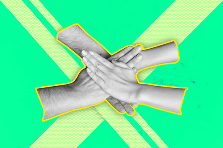 Collage design composite trend artwork sketch of four hand hold together highfive teamwork success...