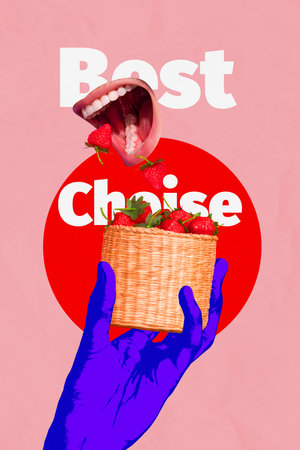 Composite image montage 3D collage of hand hold basket fruit berry strawberry psychedelic moouth bite eat dinner kitchen cook nutritionの写真素材