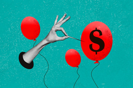 3d banner image artwork pop collage of human hand hold needle prick helium air balloon dollar...