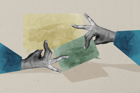 Collage of colorful speech bubbles symbolizing digital chatting modern communication internet blogging freelance workの写真素材